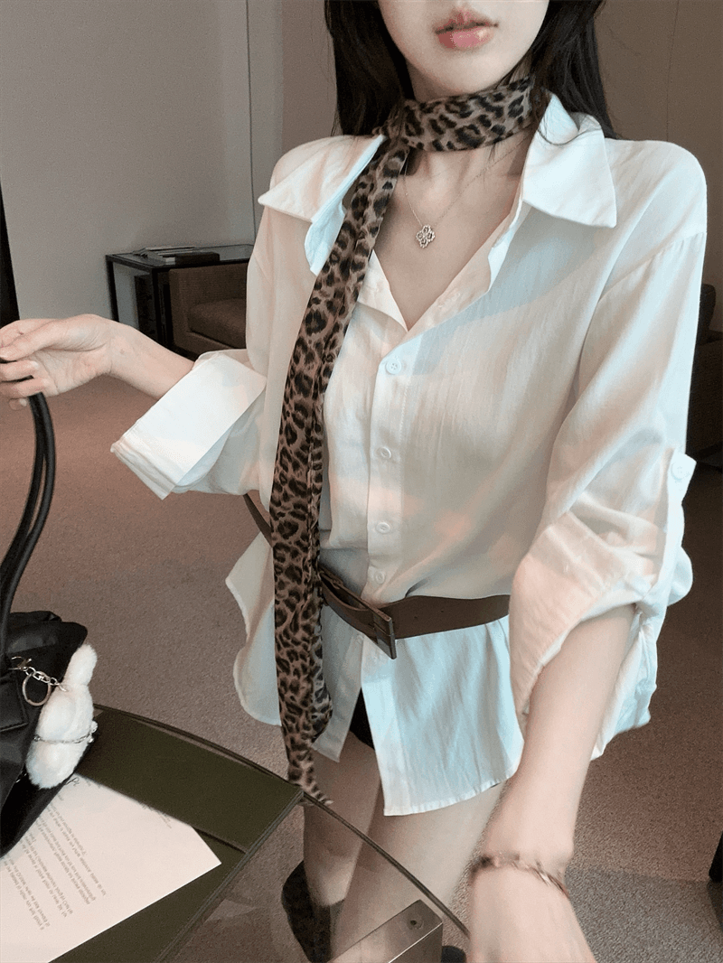실사 프랑스식 순수한 욕망 바람 POLO 칼라 긴팔 미니 스커트 불규칙 루즈핏 슬림해 보이는 핫걸 품격 벨트 포함 셔츠 상세 이미지 8