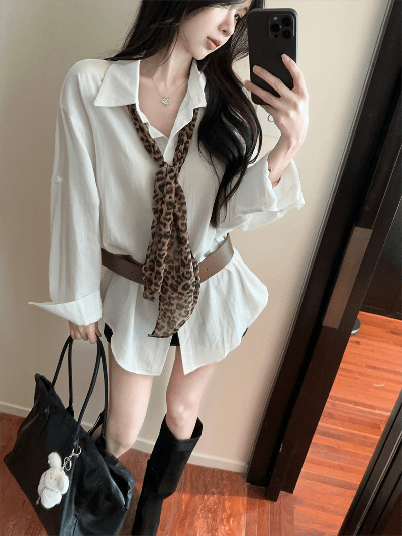 실사 프랑스식 순수한 욕망 바람 POLO 칼라 긴팔 미니 스커트 불규칙 루즈핏 슬림해 보이는 핫걸 품격 벨트 포함 셔츠 상세 이미지 9