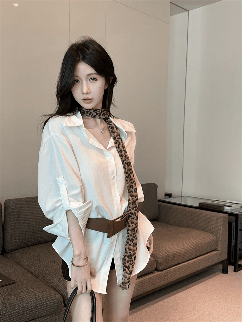 실사 프랑스식 순수한 욕망 바람 POLO 칼라 긴팔 미니 스커트 불규칙 루즈핏 슬림해 보이는 핫걸 품격 벨트 포함 셔츠 상세 이미지 10