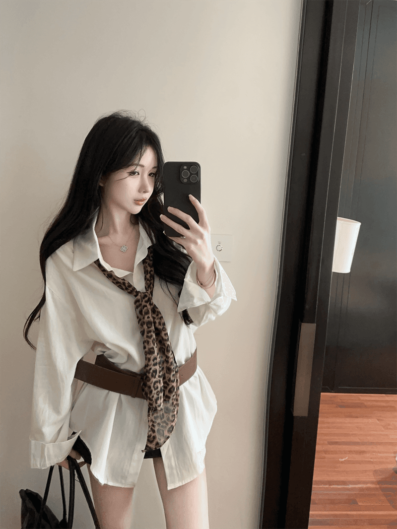 실사 프랑스식 순수한 욕망 바람 POLO 칼라 긴팔 미니 스커트 불규칙 루즈핏 슬림해 보이는 핫걸 품격 벨트 포함 셔츠 상세 이미지 11