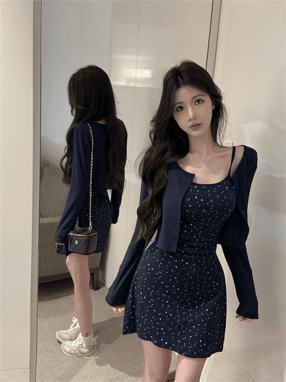 실사 봄 가을 보트넥 섹시함 타이트 스커트 꽃무늬 슬립 드레스 쇼트 스타일 긴팔 오픈 가디건 숄 투피스 세트 이미지 3