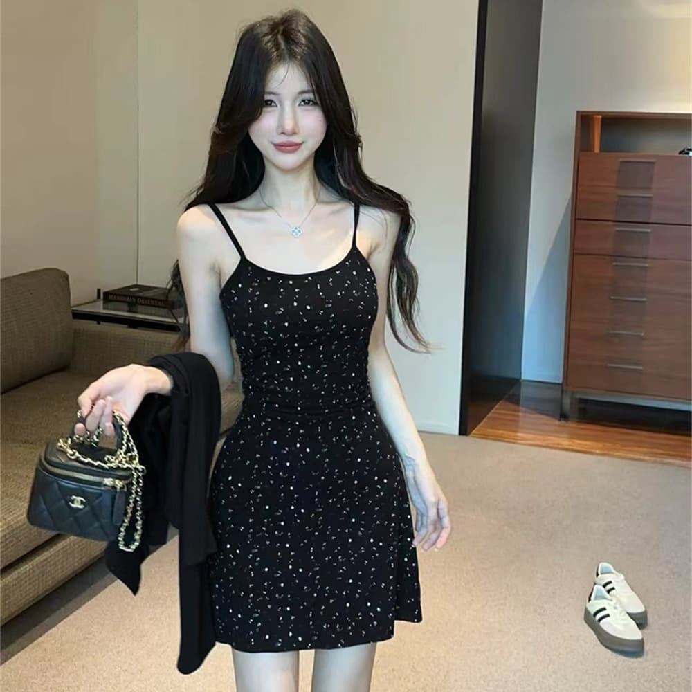 실사 봄 가을 보트넥 섹시함 타이트 스커트 꽃무늬 슬립 드레스 쇼트 스타일 긴팔 오픈 가디건 숄 투피스 세트 이미지 5