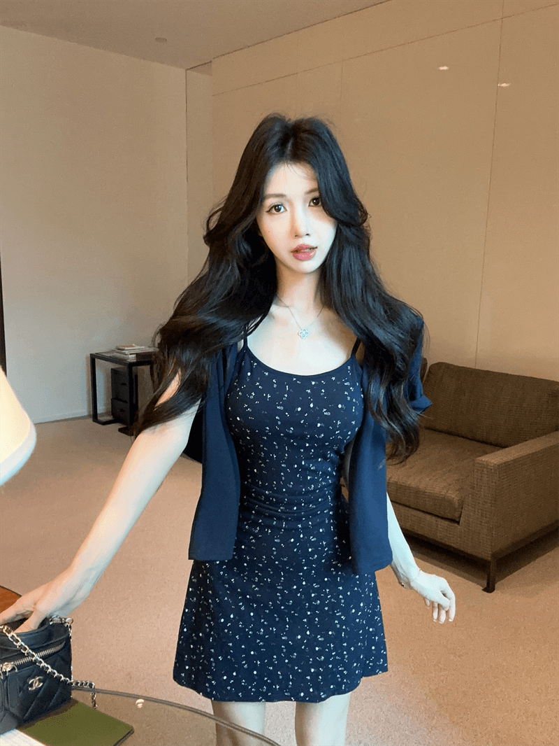 실사 봄 가을 보트넥 섹시함 타이트 스커트 꽃무늬 슬립 드레스 쇼트 스타일 긴팔 오픈 가디건 숄 투피스 세트 상세 이미지 3