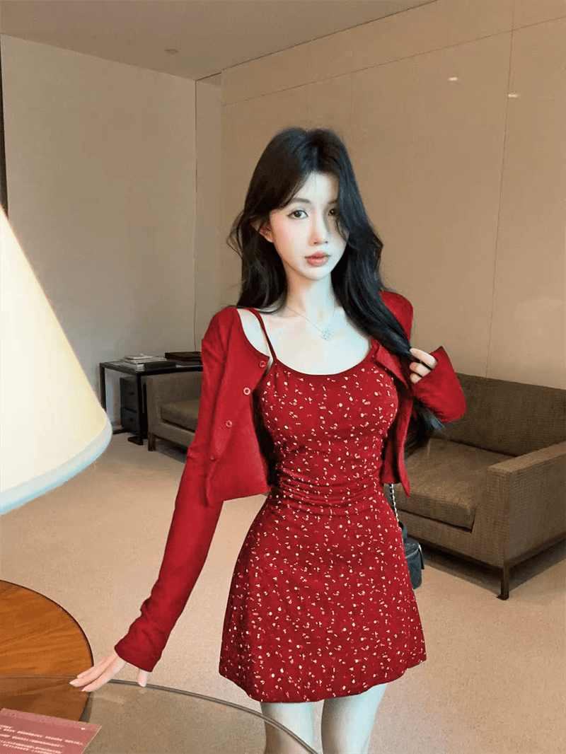 실사 봄 가을 보트넥 섹시함 타이트 스커트 꽃무늬 슬립 드레스 쇼트 스타일 긴팔 오픈 가디건 숄 투피스 세트 상세 이미지 13