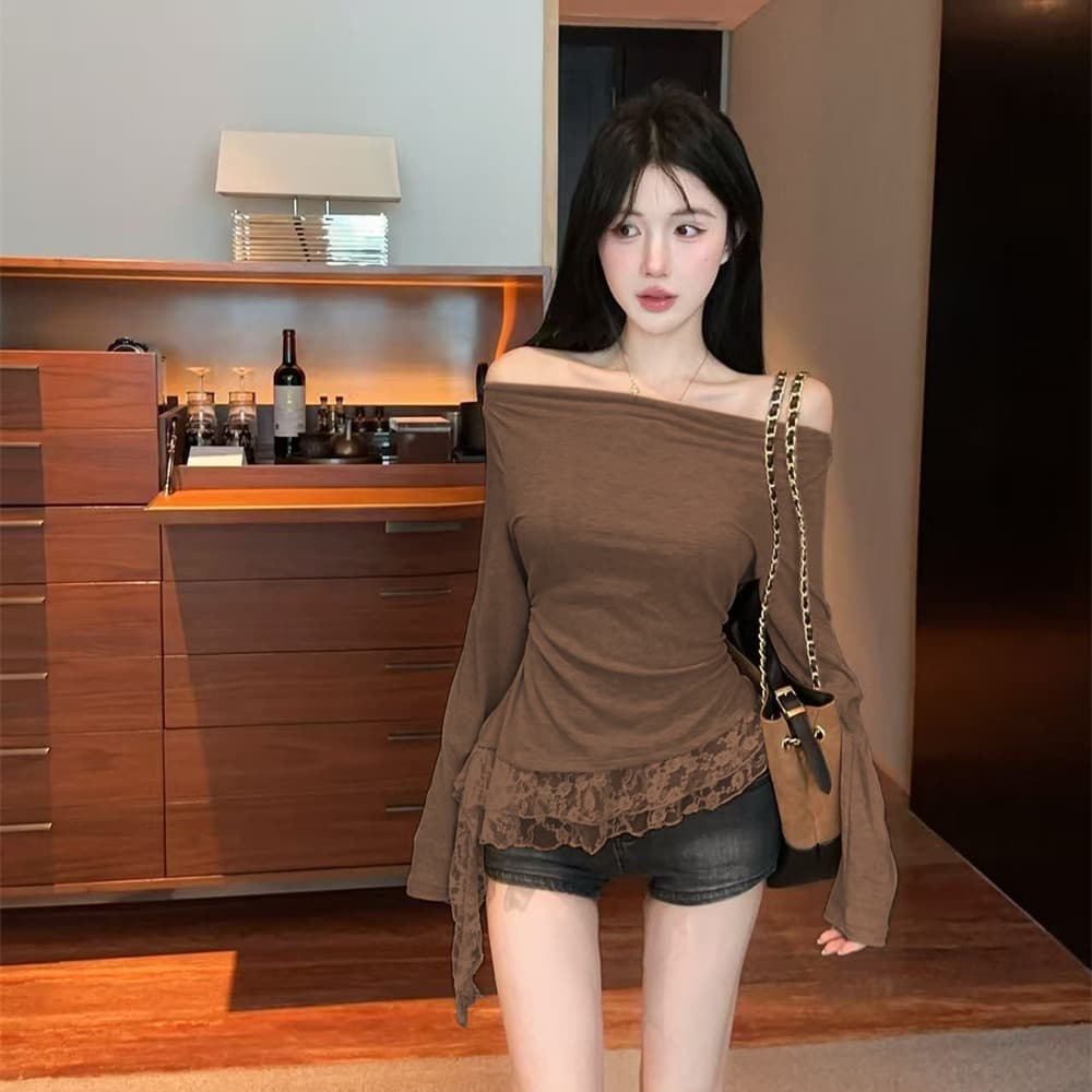실사 봄 가을 한국 스타일 섹시함 비스듬한 칼라 패치워크 레이스 긴팔 몸매 가꾸기 슬림해 보이는 벨트 포함 핫걸 불규칙 티셔츠 이미지 5