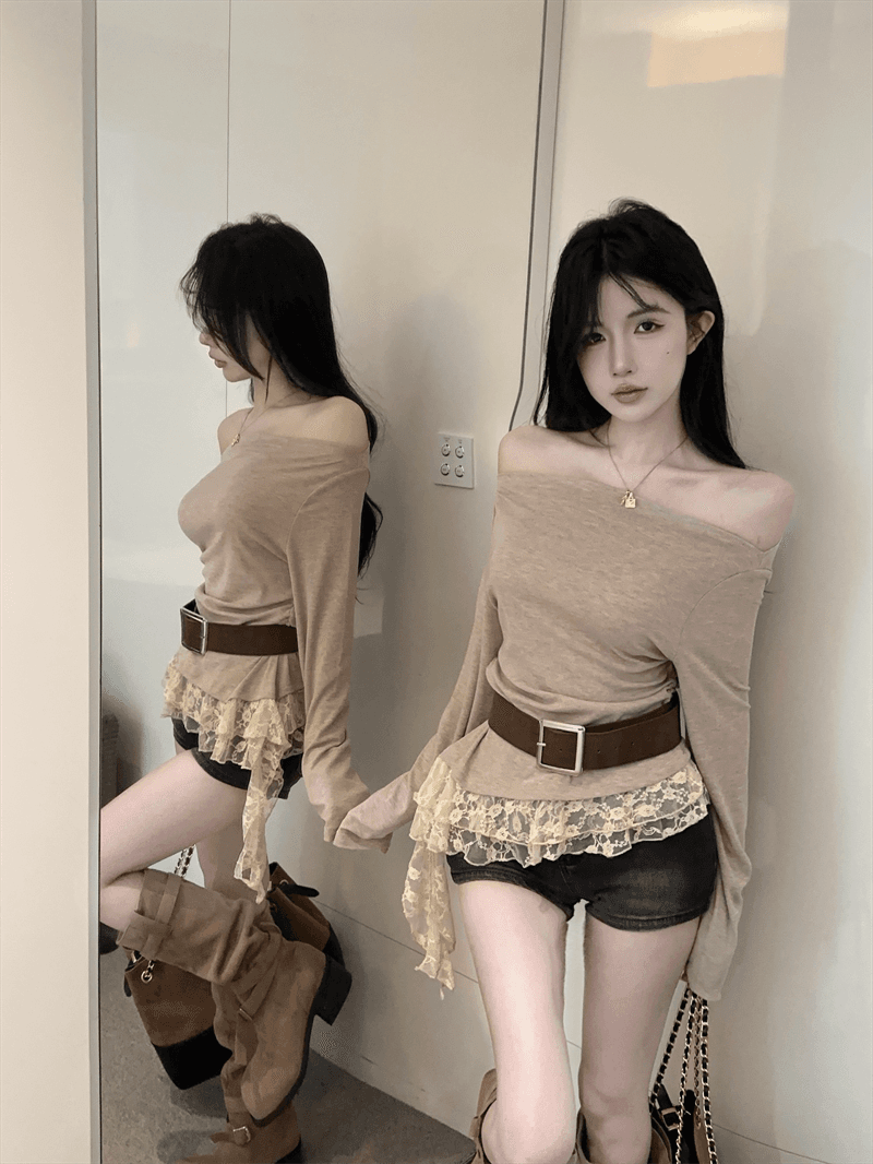 실사 봄 가을 한국 스타일 섹시함 비스듬한 칼라 패치워크 레이스 긴팔 몸매 가꾸기 슬림해 보이는 벨트 포함 핫걸 불규칙 티셔츠 상세 이미지 5