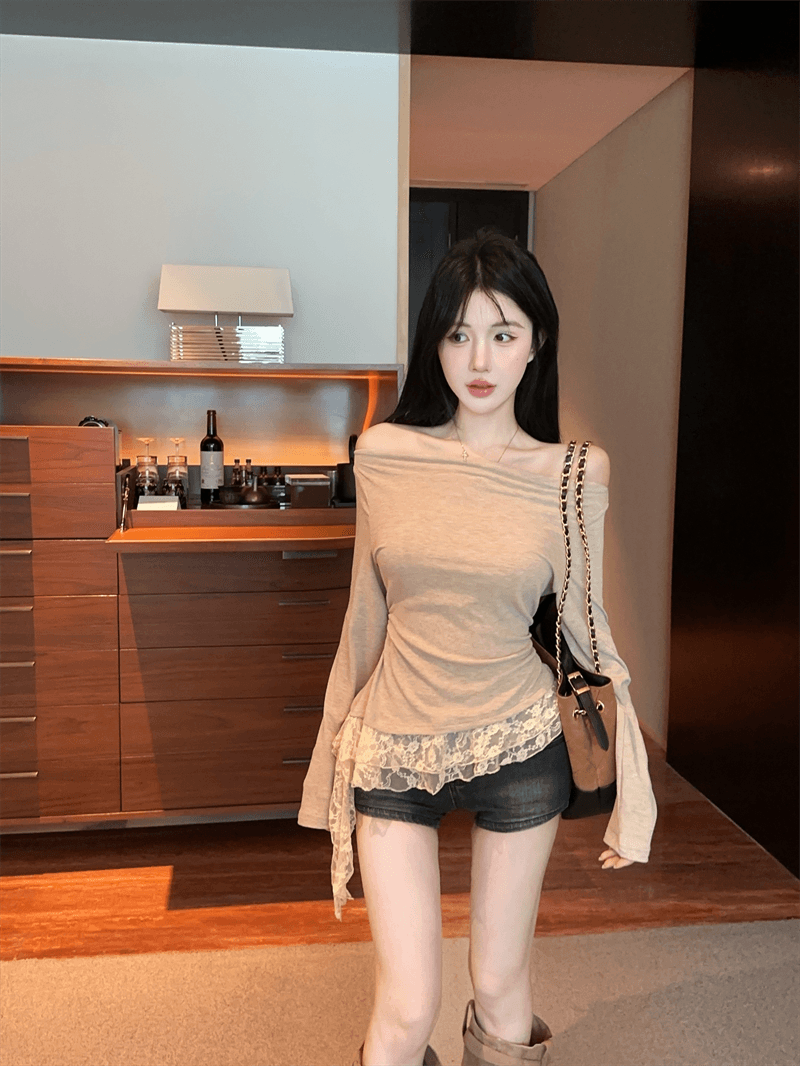 실사 봄 가을 한국 스타일 섹시함 비스듬한 칼라 패치워크 레이스 긴팔 몸매 가꾸기 슬림해 보이는 벨트 포함 핫걸 불규칙 티셔츠 상세 이미지 6