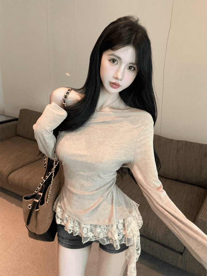 실사 봄 가을 한국 스타일 섹시함 비스듬한 칼라 패치워크 레이스 긴팔 몸매 가꾸기 슬림해 보이는 벨트 포함 핫걸 불규칙 티셔츠 상세 이미지 7