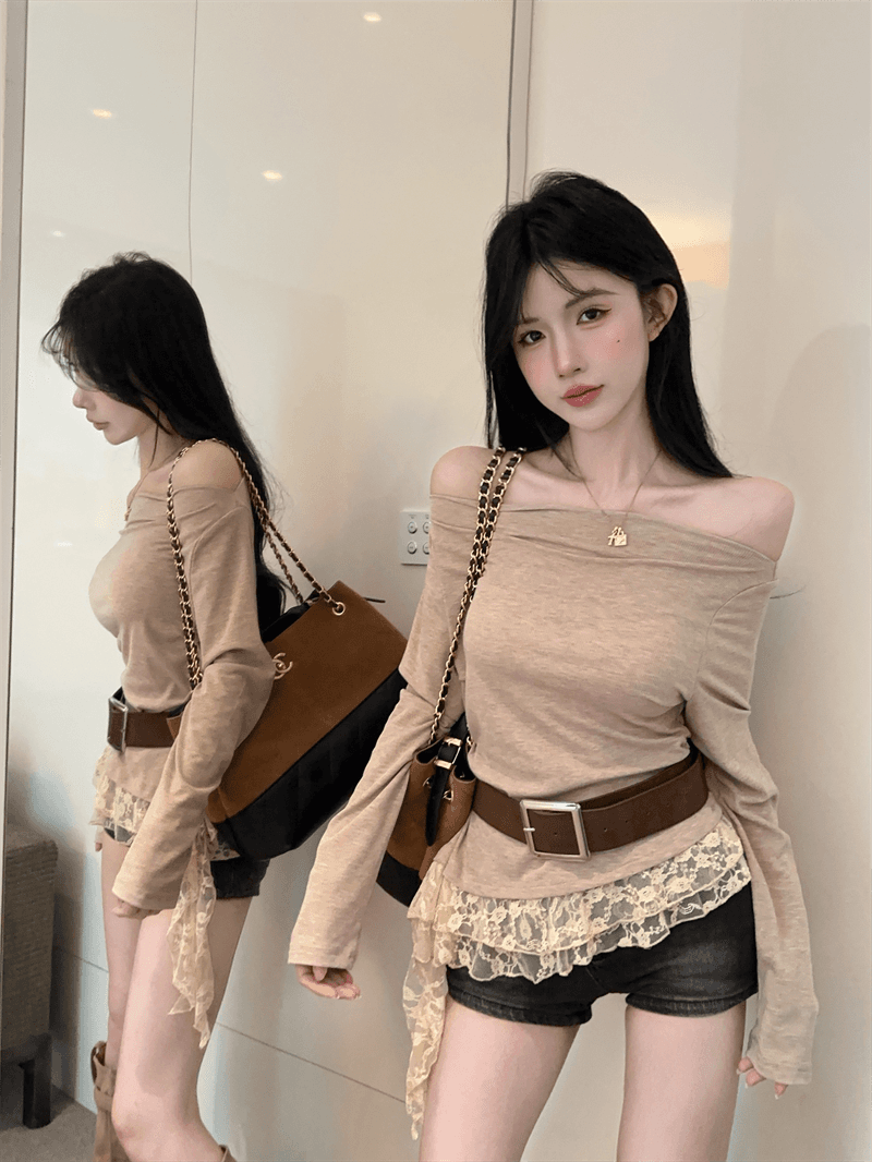 실사 봄 가을 한국 스타일 섹시함 비스듬한 칼라 패치워크 레이스 긴팔 몸매 가꾸기 슬림해 보이는 벨트 포함 핫걸 불규칙 티셔츠 상세 이미지 9