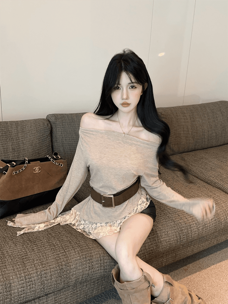 실사 봄 가을 한국 스타일 섹시함 비스듬한 칼라 패치워크 레이스 긴팔 몸매 가꾸기 슬림해 보이는 벨트 포함 핫걸 불규칙 티셔츠 상세 이미지 11