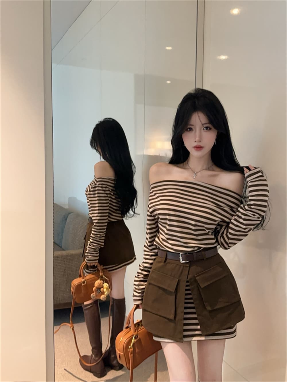 실사 봄 가을 스트라이프 비스듬한 칼라 오프숄더 섹시함 타이트 스커트 드레스 트임 방귀 커튼 코디 벨트 3종 세트 트렌디 이미지 2