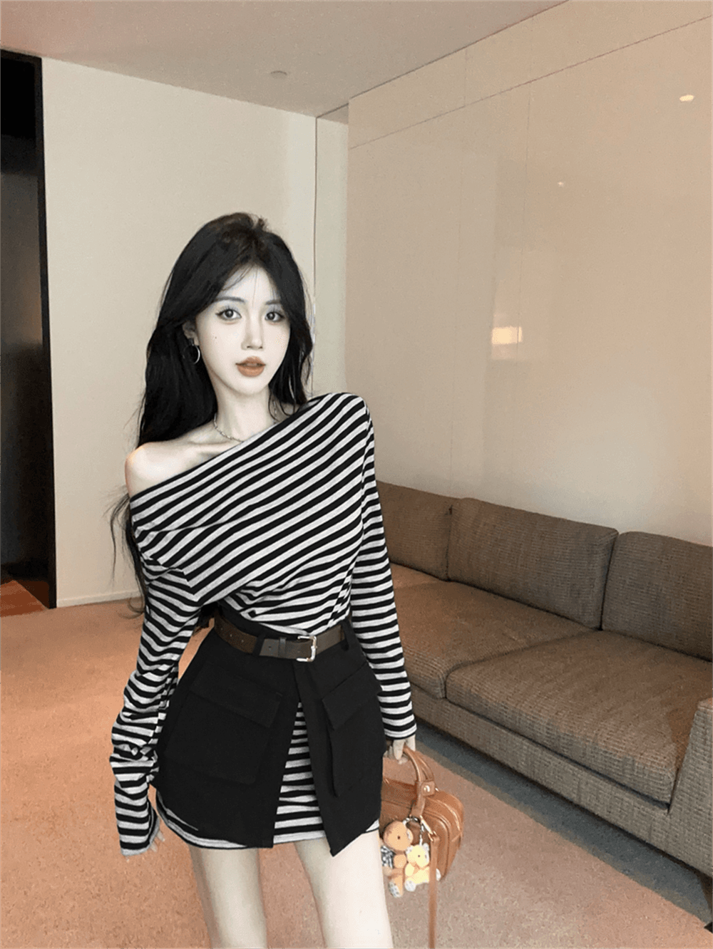 실사 봄 가을 스트라이프 비스듬한 칼라 오프숄더 섹시함 타이트 스커트 드레스 트임 방귀 커튼 코디 벨트 3종 세트 트렌디 이미지 4