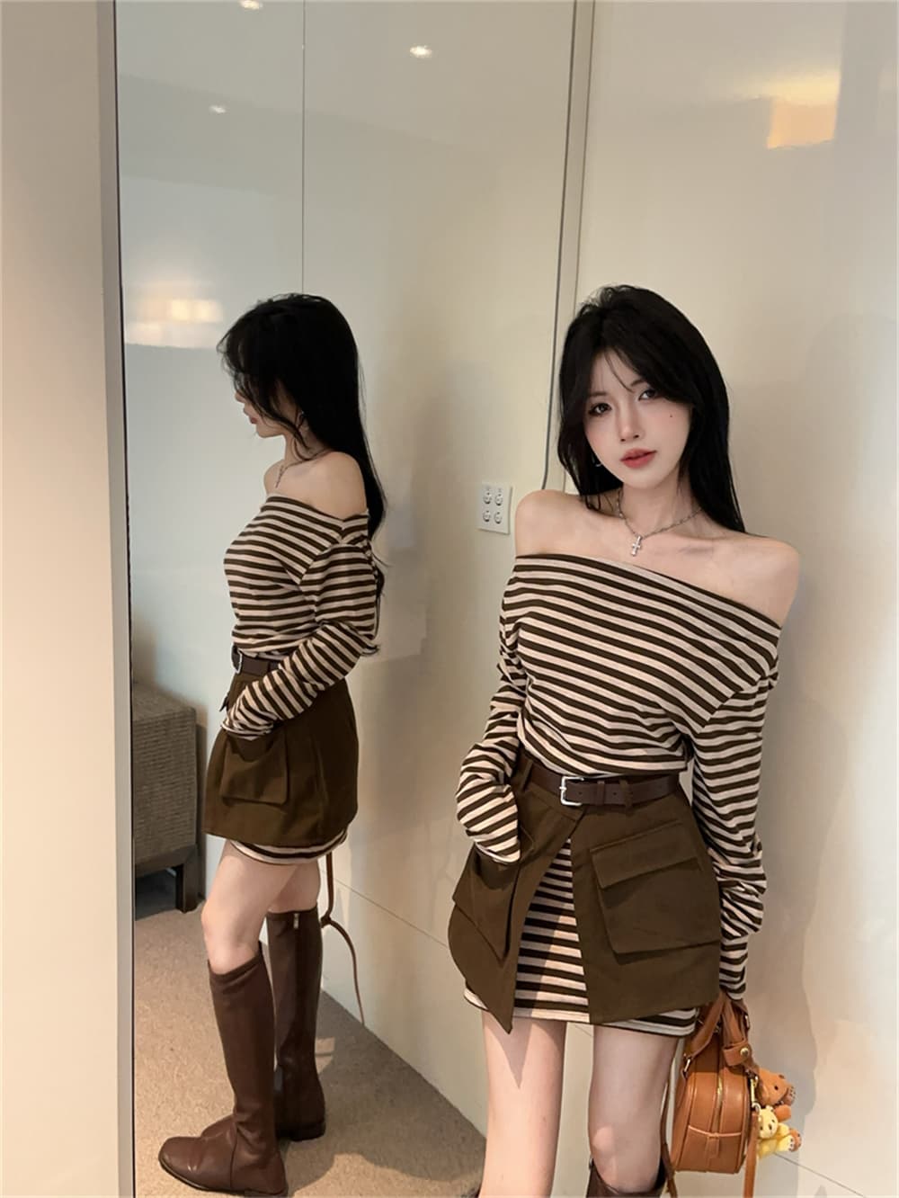 실사 봄 가을 스트라이프 비스듬한 칼라 오프숄더 섹시함 타이트 스커트 드레스 트임 방귀 커튼 코디 벨트 3종 세트 트렌디