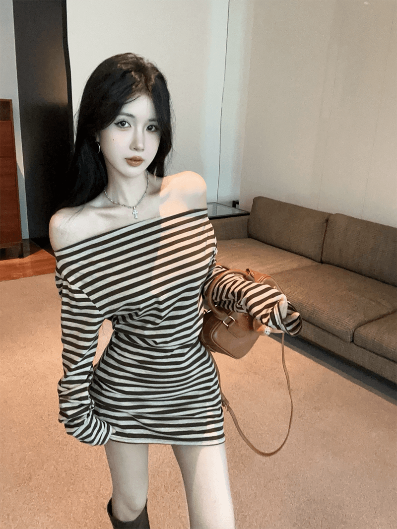 실사 봄 가을 스트라이프 비스듬한 칼라 오프숄더 섹시함 타이트 스커트 드레스 트임 방귀 커튼 코디 벨트 3종 세트 트렌디 상세 이미지 1