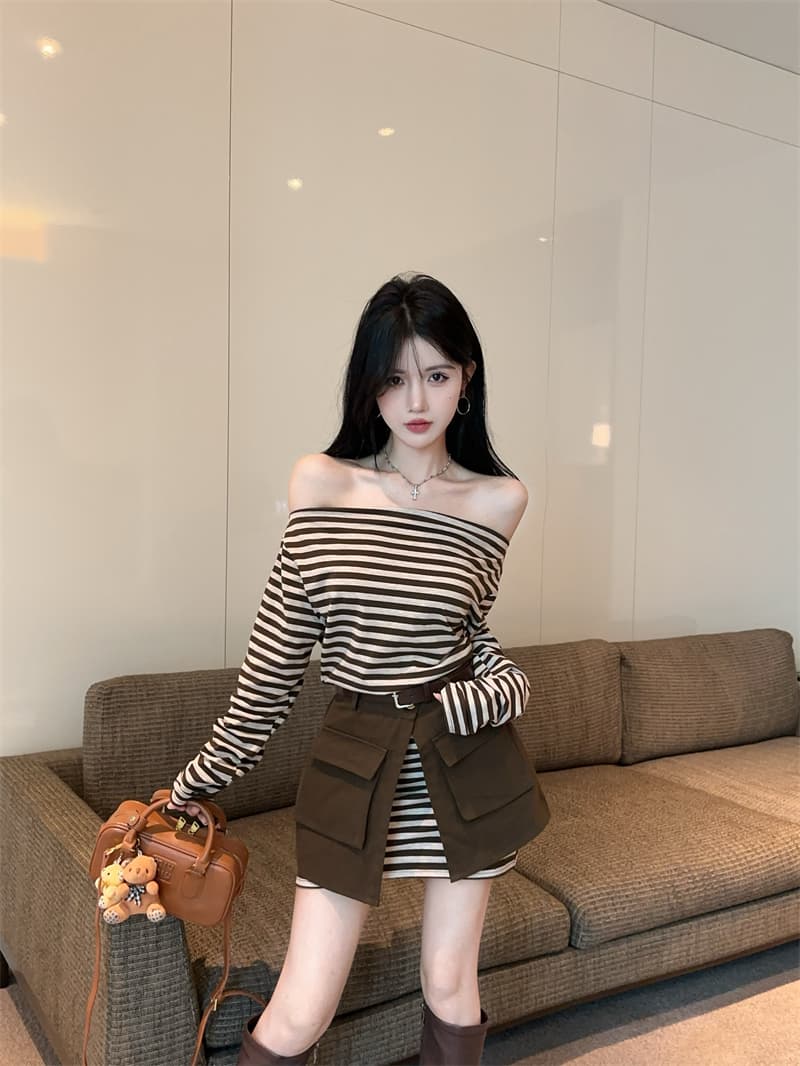 실사 봄 가을 스트라이프 비스듬한 칼라 오프숄더 섹시함 타이트 스커트 드레스 트임 방귀 커튼 코디 벨트 3종 세트 트렌디 상세 이미지 3