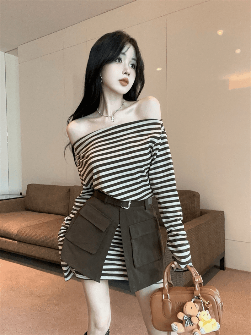 실사 봄 가을 스트라이프 비스듬한 칼라 오프숄더 섹시함 타이트 스커트 드레스 트임 방귀 커튼 코디 벨트 3종 세트 트렌디 상세 이미지 6