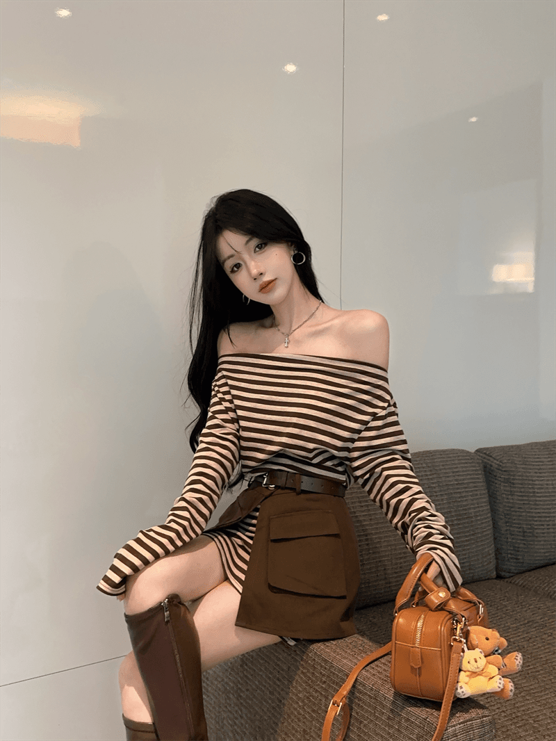실사 봄 가을 스트라이프 비스듬한 칼라 오프숄더 섹시함 타이트 스커트 드레스 트임 방귀 커튼 코디 벨트 3종 세트 트렌디 상세 이미지 9
