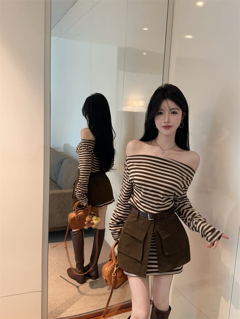 실사 봄 가을 스트라이프 비스듬한 칼라 오프숄더 섹시함 타이트 스커트 드레스 트임 방귀 커튼 코디 벨트 3종 세트 트렌디 상세 이미지 10