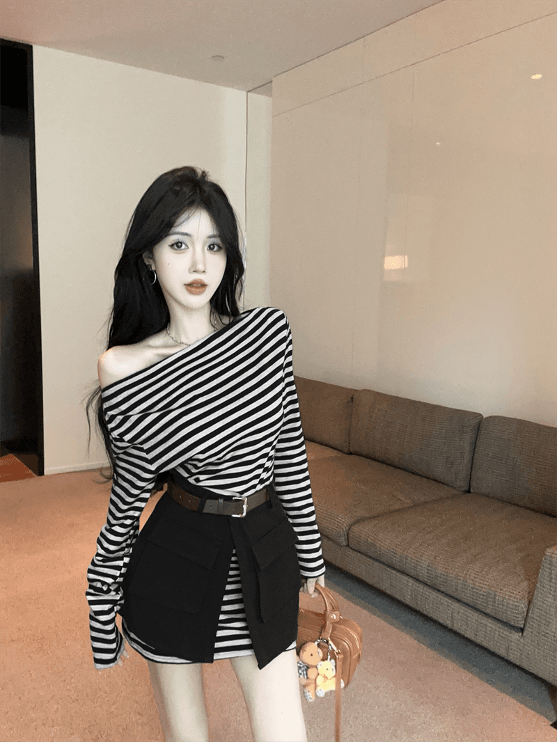 실사 봄 가을 스트라이프 비스듬한 칼라 오프숄더 섹시함 타이트 스커트 드레스 트임 방귀 커튼 코디 벨트 3종 세트 트렌디 상세 이미지 14