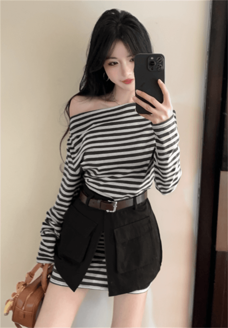 실사 봄 가을 스트라이프 비스듬한 칼라 오프숄더 섹시함 타이트 스커트 드레스 트임 방귀 커튼 코디 벨트 3종 세트 트렌디 상세 이미지 15