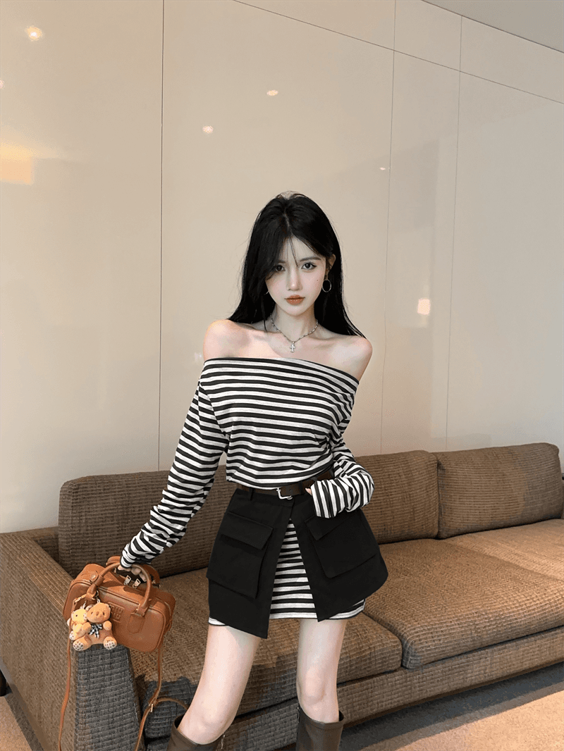 실사 봄 가을 스트라이프 비스듬한 칼라 오프숄더 섹시함 타이트 스커트 드레스 트임 방귀 커튼 코디 벨트 3종 세트 트렌디 상세 이미지 16