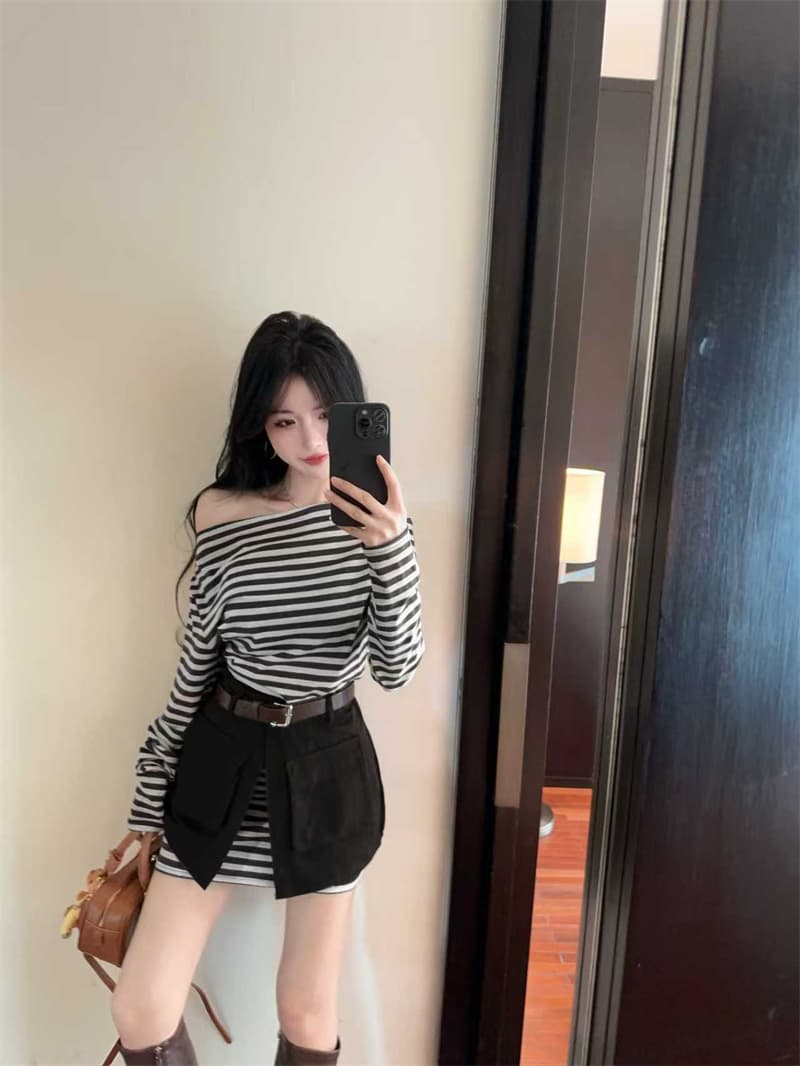 실사 봄 가을 스트라이프 비스듬한 칼라 오프숄더 섹시함 타이트 스커트 드레스 트임 방귀 커튼 코디 벨트 3종 세트 트렌디 상세 이미지 17
