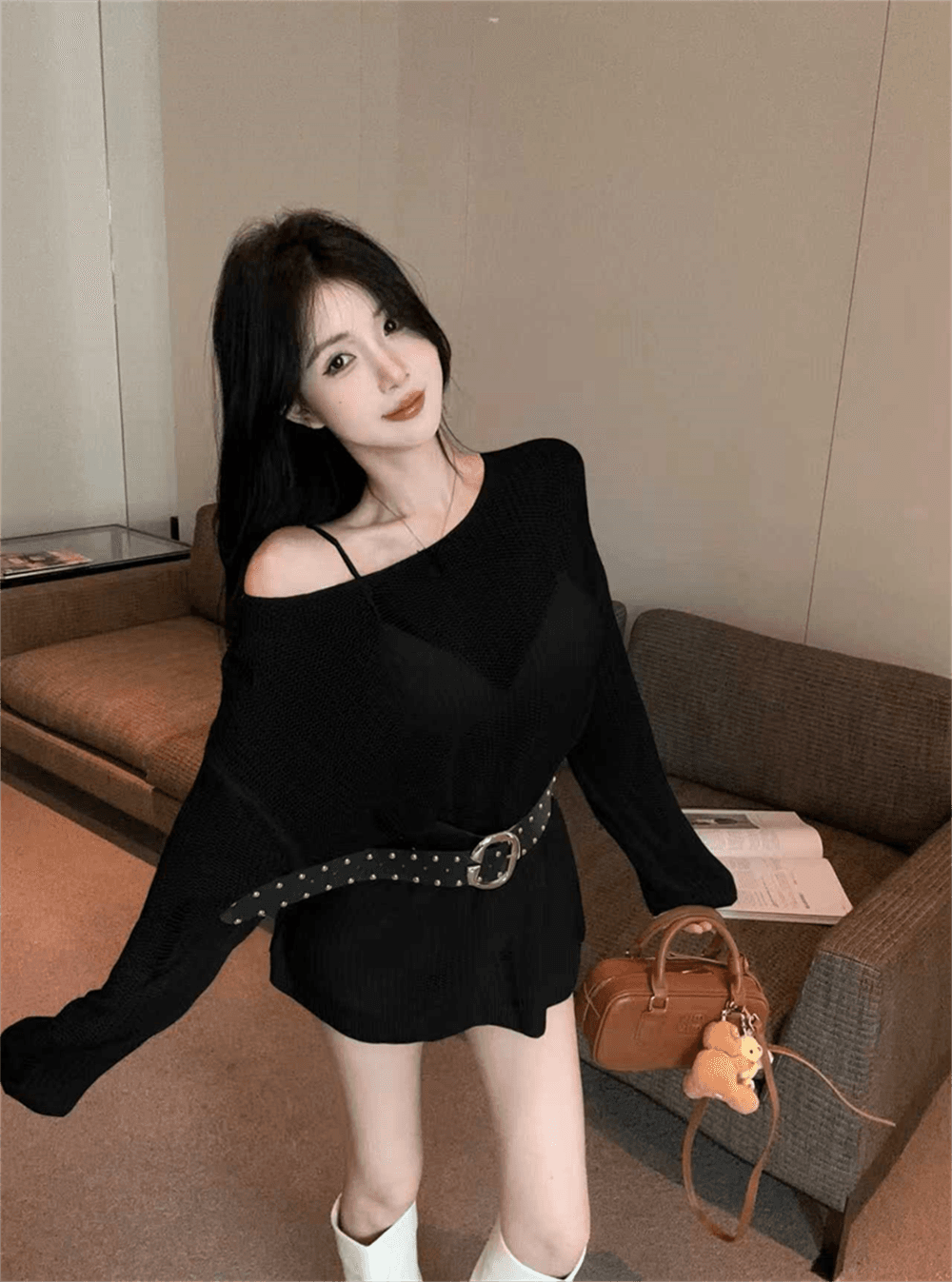 실사 봄 가을 핫걸 긴팔 느긋한 바람 낮음 라운드 넥 미니 스커트 품격 루즈핏 중간 길이 풀오버 홀로우 아웃 니트 스웨터 이미지 3