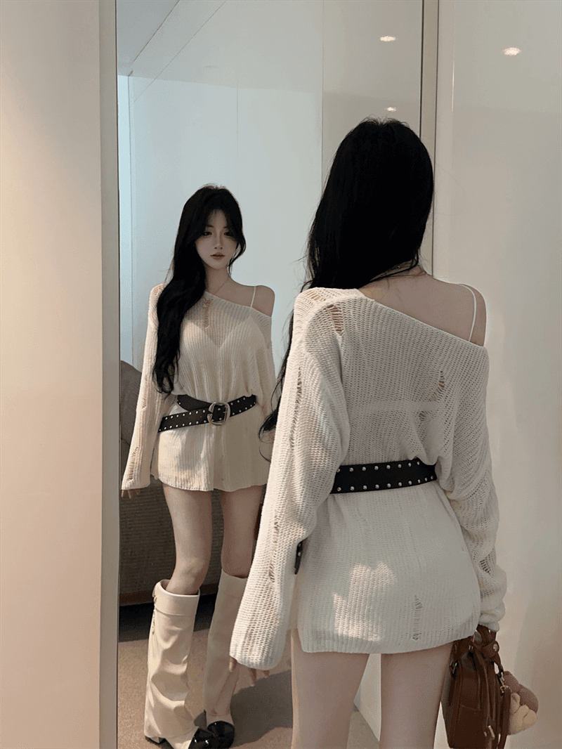 실사 봄 가을 핫걸 긴팔 느긋한 바람 낮음 라운드 넥 미니 스커트 품격 루즈핏 중간 길이 풀오버 홀로우 아웃 니트 스웨터 상세 이미지 2