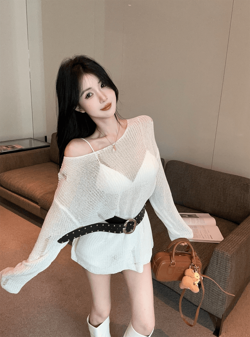 실사 봄 가을 핫걸 긴팔 느긋한 바람 낮음 라운드 넥 미니 스커트 품격 루즈핏 중간 길이 풀오버 홀로우 아웃 니트 스웨터 상세 이미지 3