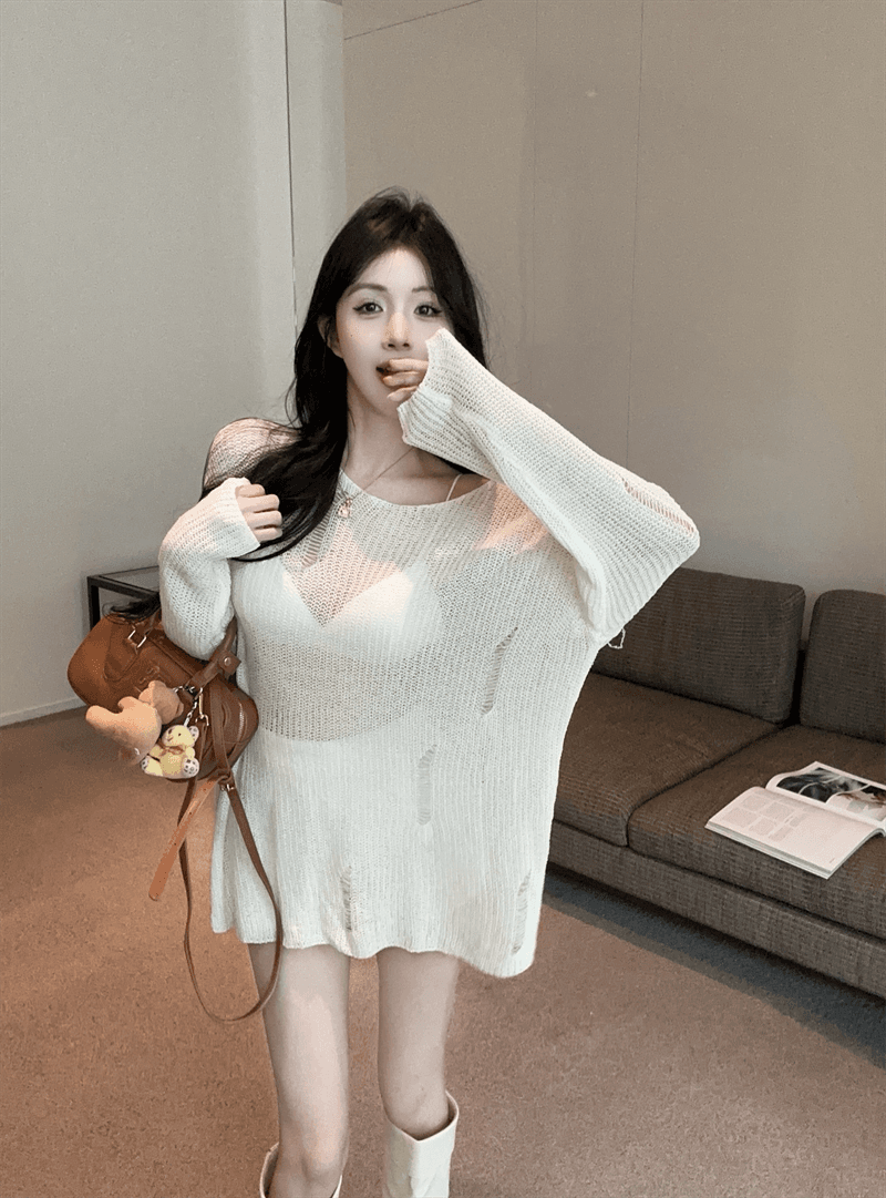 실사 봄 가을 핫걸 긴팔 느긋한 바람 낮음 라운드 넥 미니 스커트 품격 루즈핏 중간 길이 풀오버 홀로우 아웃 니트 스웨터 상세 이미지 4