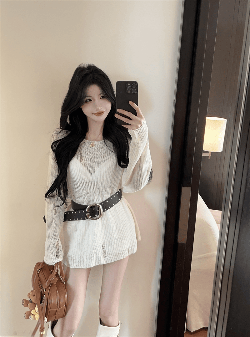 실사 봄 가을 핫걸 긴팔 느긋한 바람 낮음 라운드 넥 미니 스커트 품격 루즈핏 중간 길이 풀오버 홀로우 아웃 니트 스웨터 상세 이미지 5
