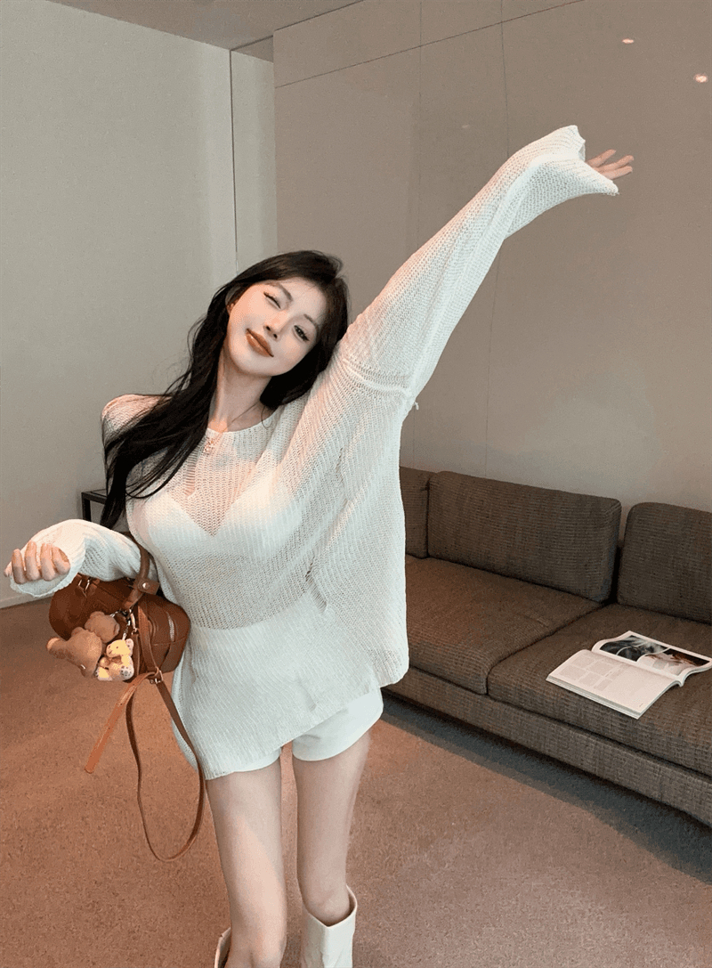 실사 봄 가을 핫걸 긴팔 느긋한 바람 낮음 라운드 넥 미니 스커트 품격 루즈핏 중간 길이 풀오버 홀로우 아웃 니트 스웨터 상세 이미지 12