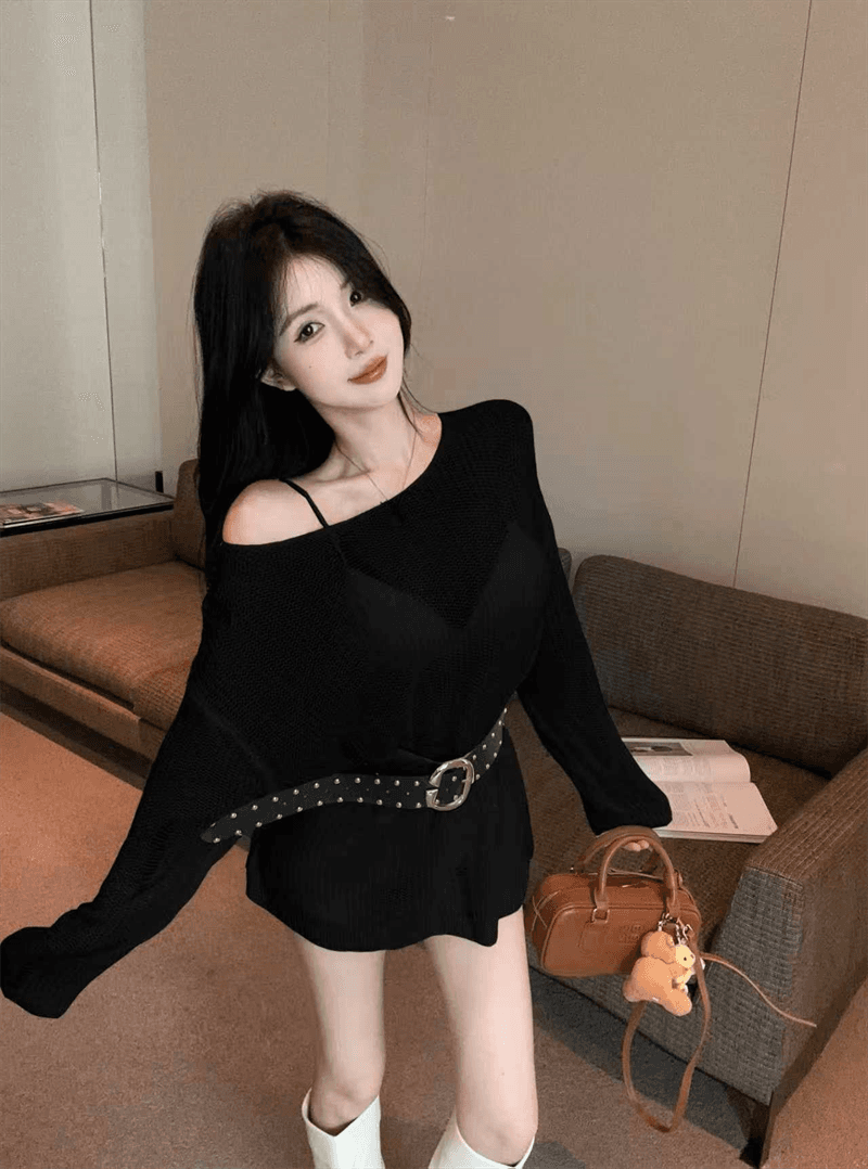 실사 봄 가을 핫걸 긴팔 느긋한 바람 낮음 라운드 넥 미니 스커트 품격 루즈핏 중간 길이 풀오버 홀로우 아웃 니트 스웨터 상세 이미지 13