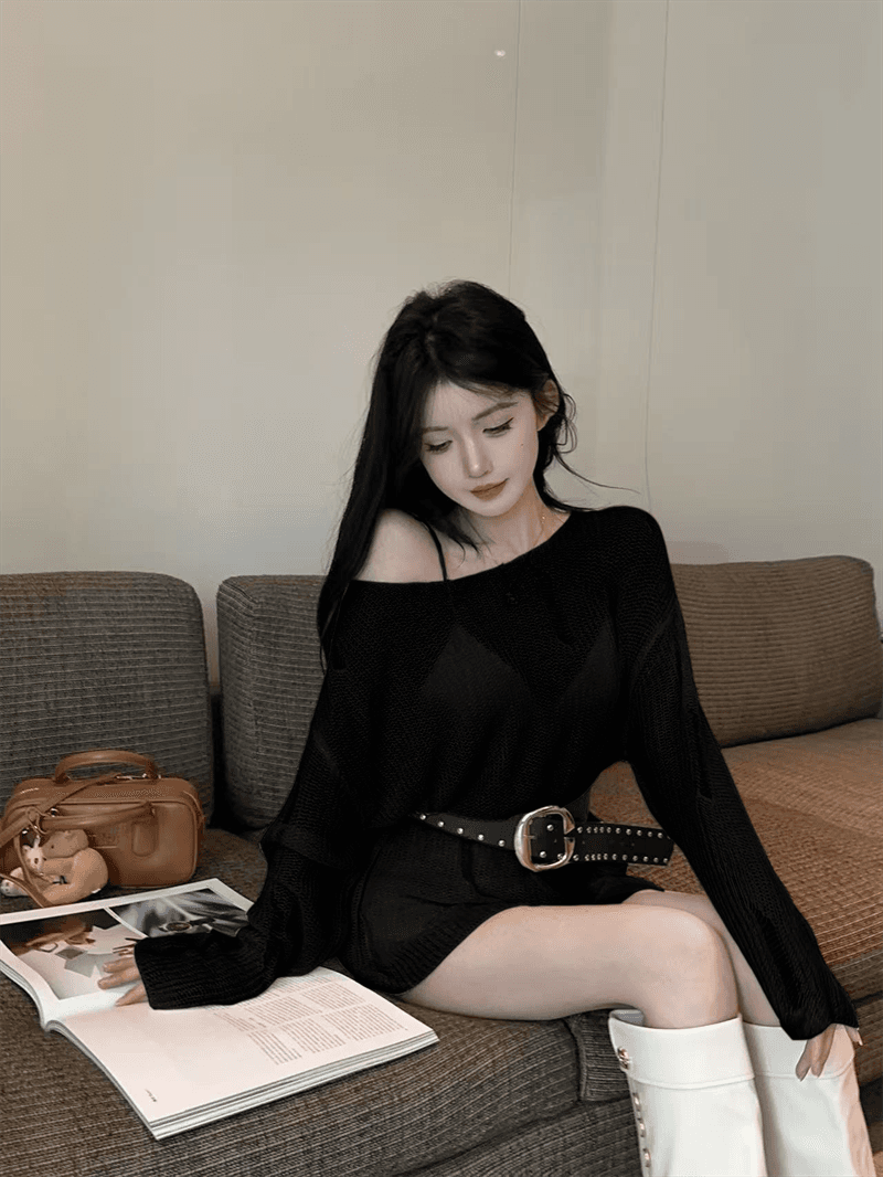 실사 봄 가을 핫걸 긴팔 느긋한 바람 낮음 라운드 넥 미니 스커트 품격 루즈핏 중간 길이 풀오버 홀로우 아웃 니트 스웨터 상세 이미지 14