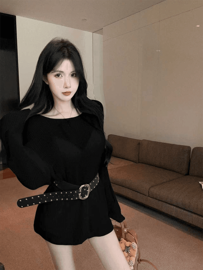 실사 봄 가을 핫걸 긴팔 느긋한 바람 낮음 라운드 넥 미니 스커트 품격 루즈핏 중간 길이 풀오버 홀로우 아웃 니트 스웨터 상세 이미지 16