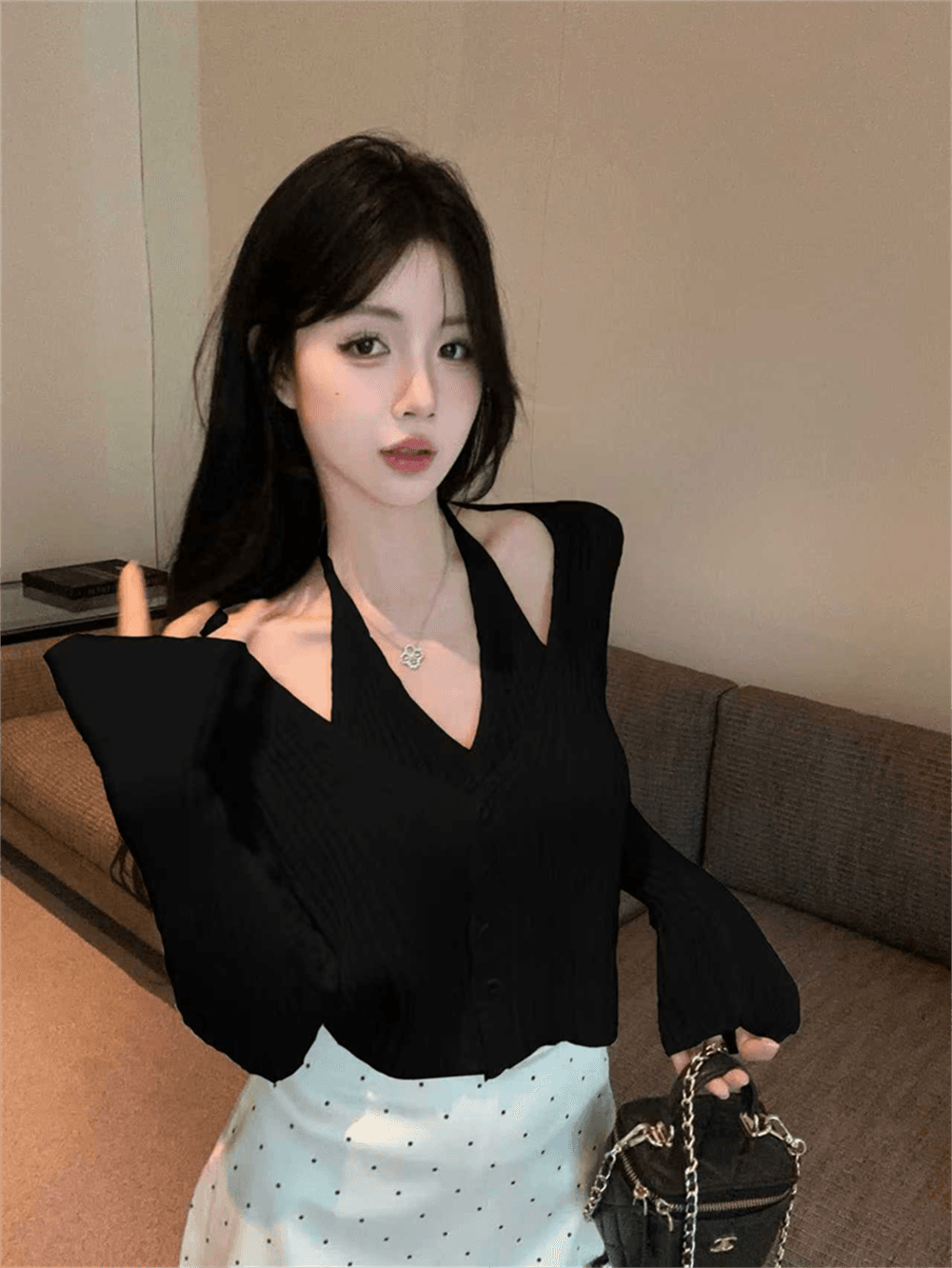 실사 봄 가을 V넥 패치워크 페이크 레이어드 오픈 가디건 루즈핏 핫걸 행침 목 스타일 쇼트 스타일 단추 리브 털 니트 스웨터 이미지 3