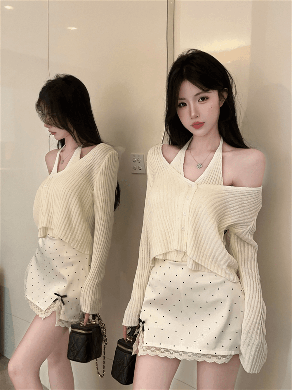 실사 봄 가을 V넥 패치워크 페이크 레이어드 오픈 가디건 루즈핏 핫걸 행침 목 스타일 쇼트 스타일 단추 리브 털 니트 스웨터