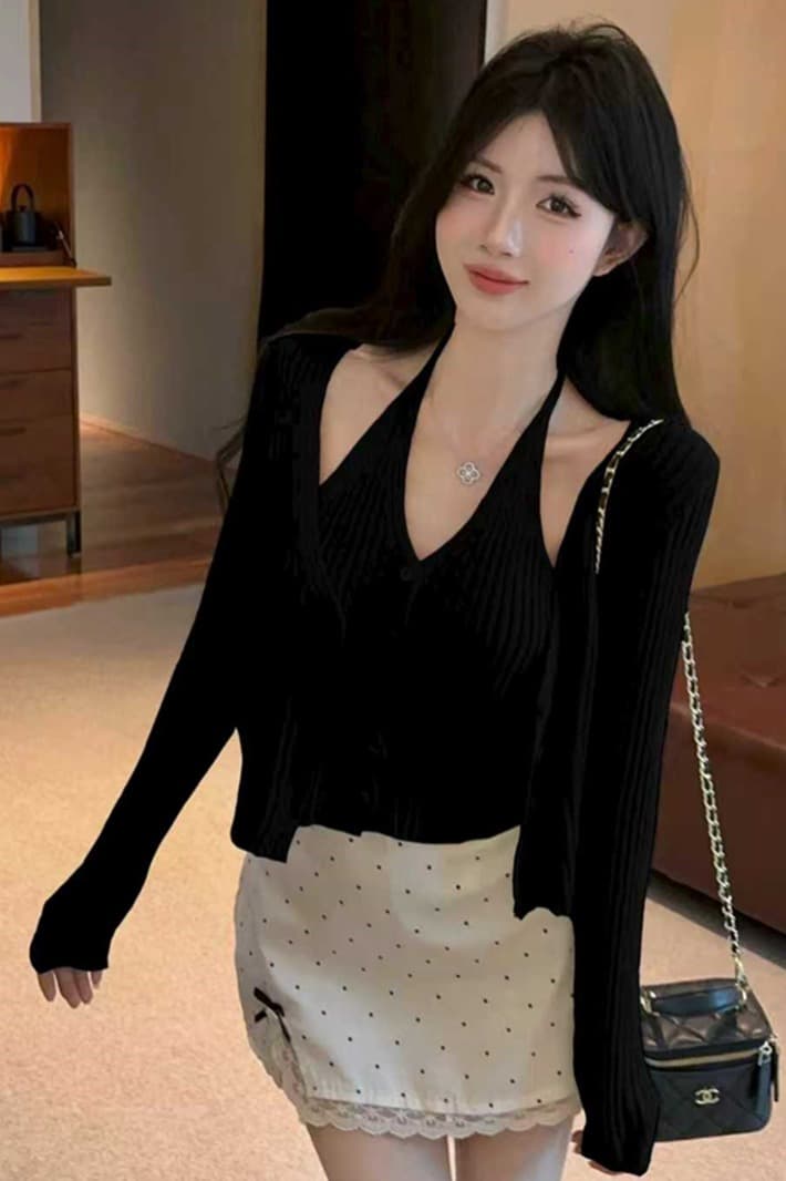 실사 봄 가을 V넥 패치워크 페이크 레이어드 오픈 가디건 루즈핏 핫걸 행침 목 스타일 쇼트 스타일 단추 리브 털 니트 스웨터 이미지 6