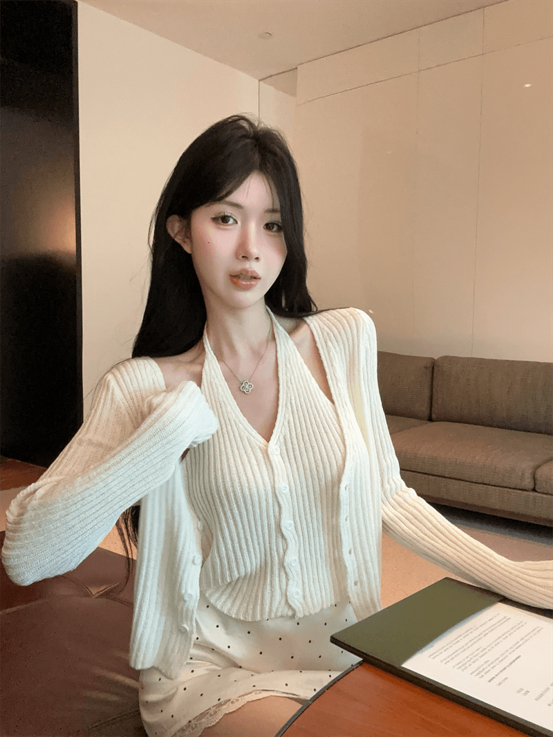실사 봄 가을 V넥 패치워크 페이크 레이어드 오픈 가디건 루즈핏 핫걸 행침 목 스타일 쇼트 스타일 단추 리브 털 니트 스웨터 상세 이미지 1
