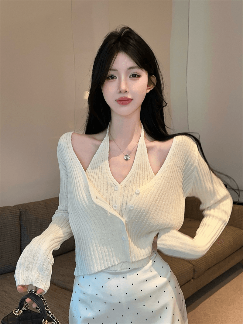 실사 봄 가을 V넥 패치워크 페이크 레이어드 오픈 가디건 루즈핏 핫걸 행침 목 스타일 쇼트 스타일 단추 리브 털 니트 스웨터 상세 이미지 2