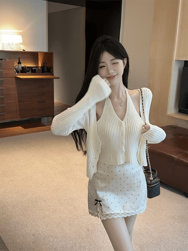 실사 봄 가을 V넥 패치워크 페이크 레이어드 오픈 가디건 루즈핏 핫걸 행침 목 스타일 쇼트 스타일 단추 리브 털 니트 스웨터 상세 이미지 3