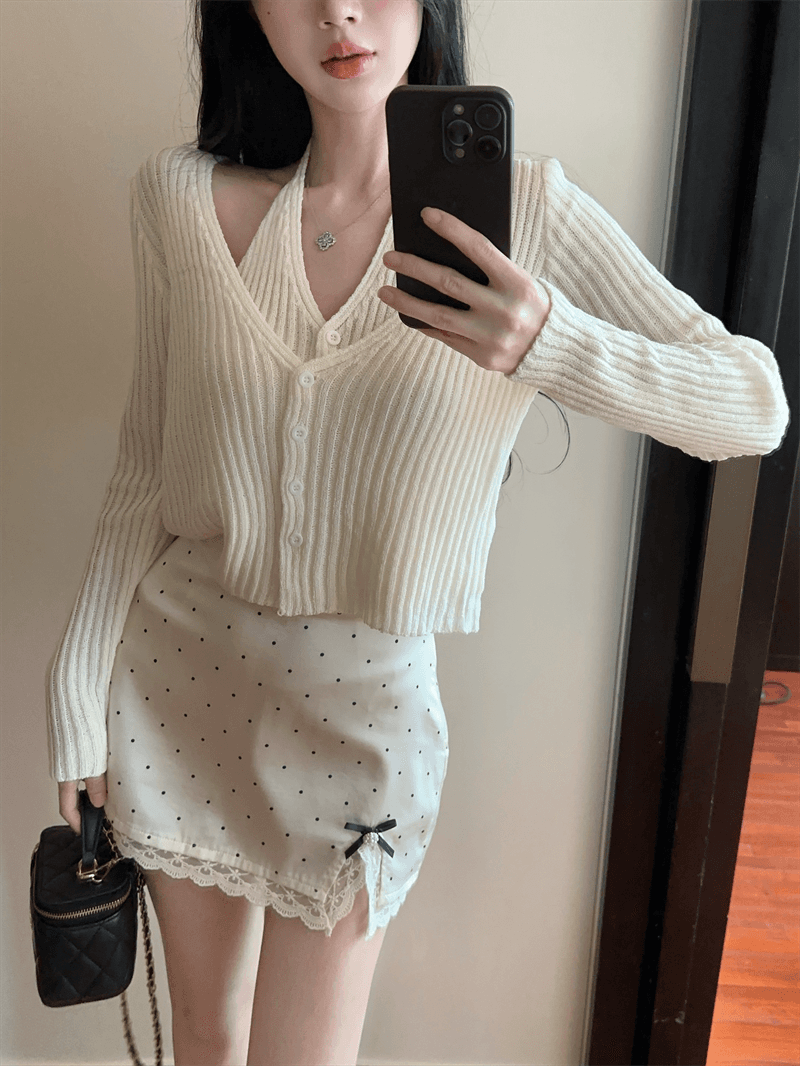 실사 봄 가을 V넥 패치워크 페이크 레이어드 오픈 가디건 루즈핏 핫걸 행침 목 스타일 쇼트 스타일 단추 리브 털 니트 스웨터 상세 이미지 4