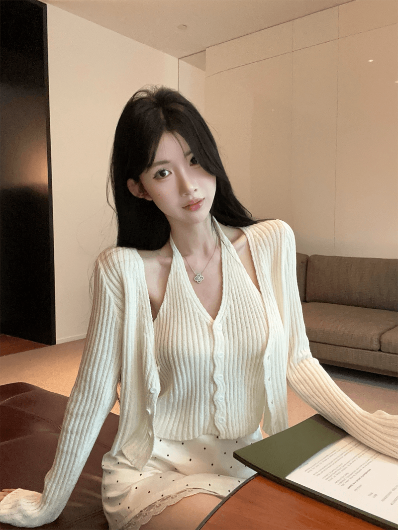 실사 봄 가을 V넥 패치워크 페이크 레이어드 오픈 가디건 루즈핏 핫걸 행침 목 스타일 쇼트 스타일 단추 리브 털 니트 스웨터 상세 이미지 5