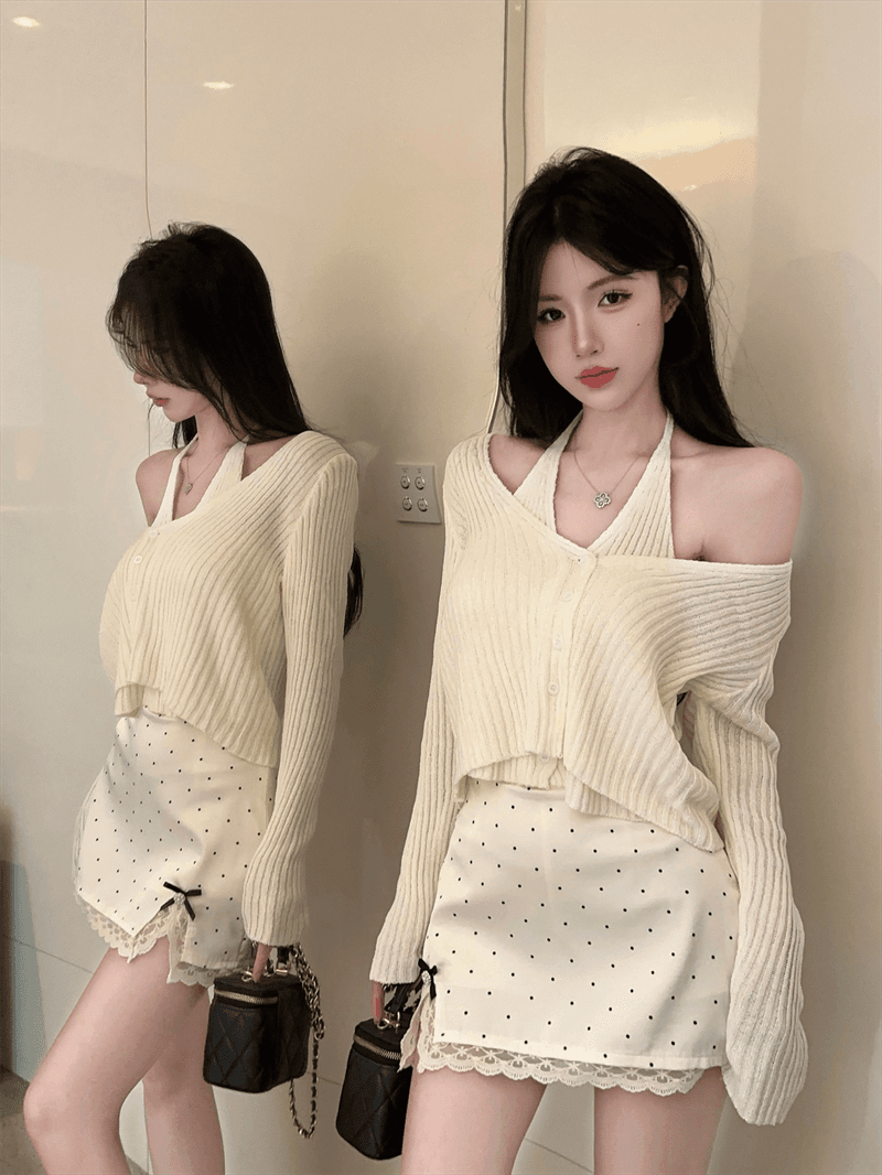 실사 봄 가을 V넥 패치워크 페이크 레이어드 오픈 가디건 루즈핏 핫걸 행침 목 스타일 쇼트 스타일 단추 리브 털 니트 스웨터 상세 이미지 6