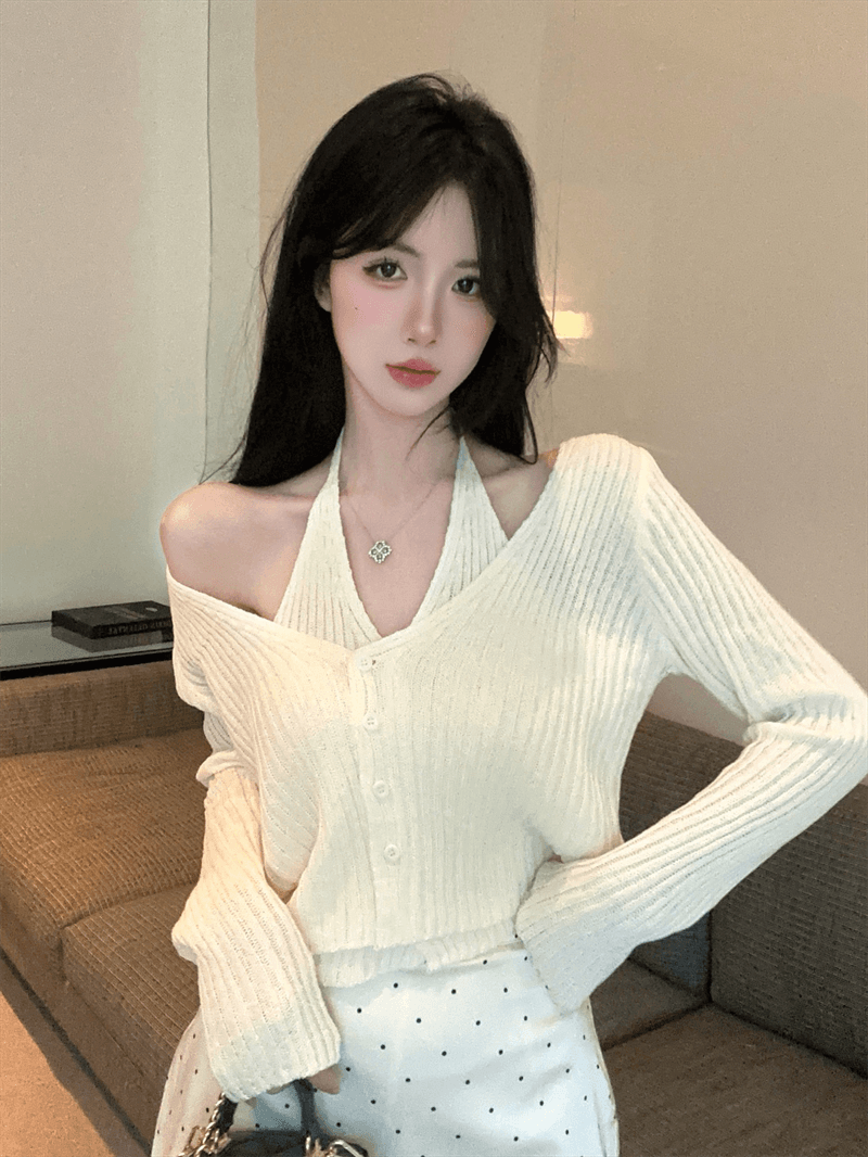 실사 봄 가을 V넥 패치워크 페이크 레이어드 오픈 가디건 루즈핏 핫걸 행침 목 스타일 쇼트 스타일 단추 리브 털 니트 스웨터 상세 이미지 7