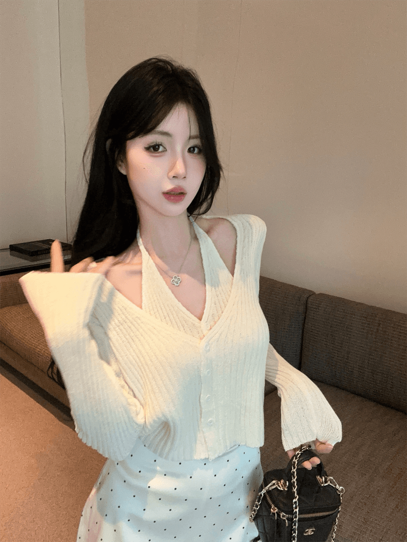 실사 봄 가을 V넥 패치워크 페이크 레이어드 오픈 가디건 루즈핏 핫걸 행침 목 스타일 쇼트 스타일 단추 리브 털 니트 스웨터 상세 이미지 10
