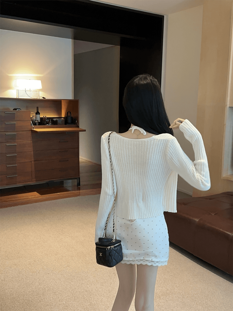 실사 봄 가을 V넥 패치워크 페이크 레이어드 오픈 가디건 루즈핏 핫걸 행침 목 스타일 쇼트 스타일 단추 리브 털 니트 스웨터 상세 이미지 11