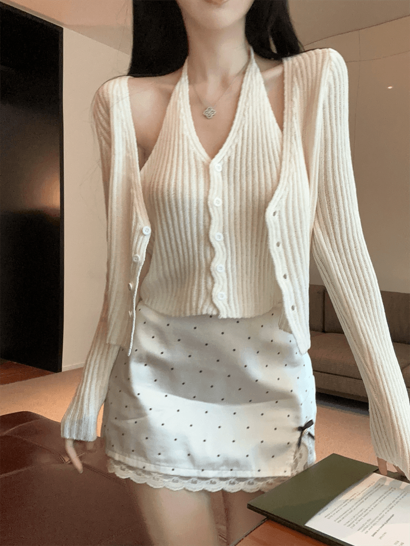 실사 봄 가을 V넥 패치워크 페이크 레이어드 오픈 가디건 루즈핏 핫걸 행침 목 스타일 쇼트 스타일 단추 리브 털 니트 스웨터 상세 이미지 12
