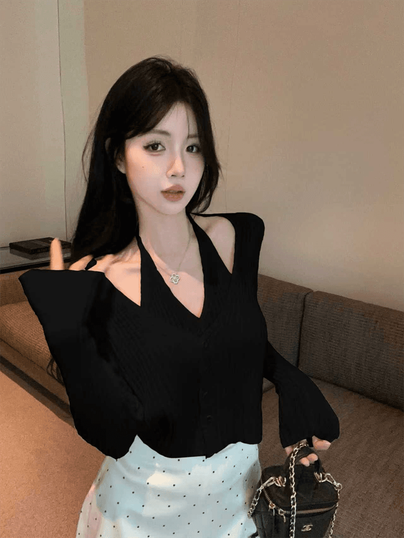 실사 봄 가을 V넥 패치워크 페이크 레이어드 오픈 가디건 루즈핏 핫걸 행침 목 스타일 쇼트 스타일 단추 리브 털 니트 스웨터 상세 이미지 13