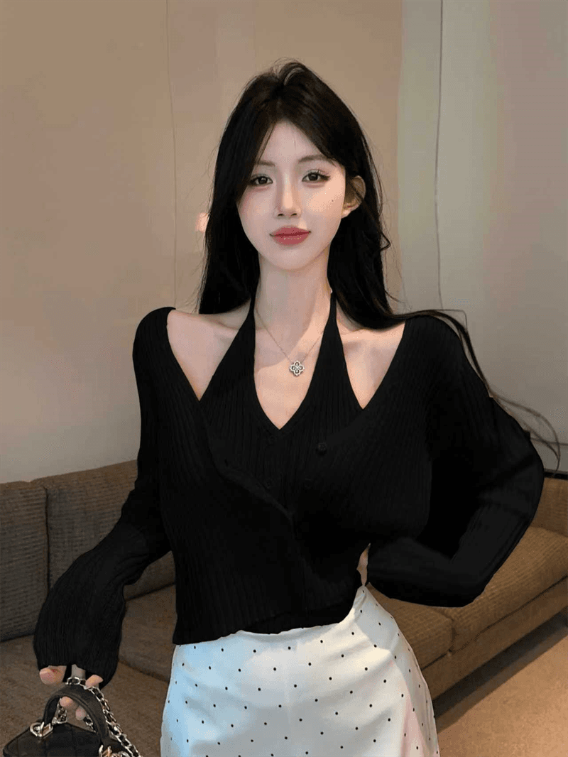 실사 봄 가을 V넥 패치워크 페이크 레이어드 오픈 가디건 루즈핏 핫걸 행침 목 스타일 쇼트 스타일 단추 리브 털 니트 스웨터 상세 이미지 14